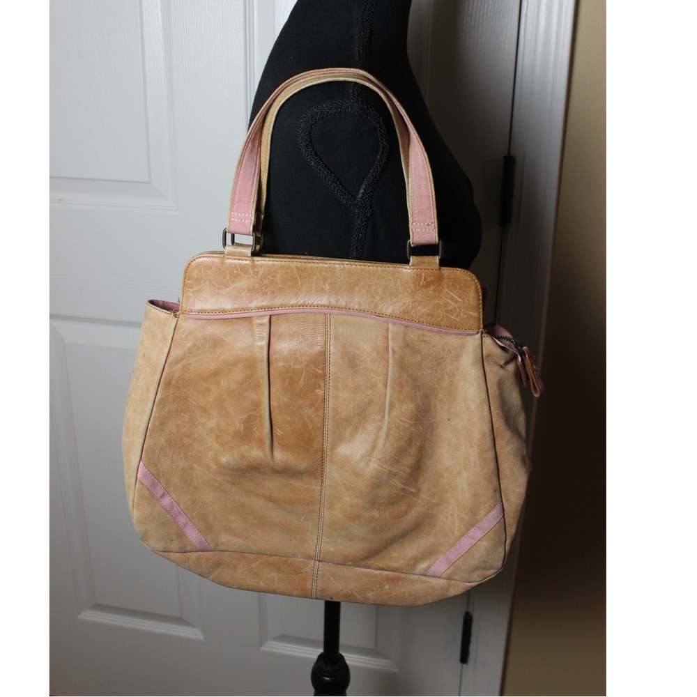 ANTHROPOLOGIE Nest Tan Leather Satchel Shoulder Bag Pink‎ Trim Accents Casual